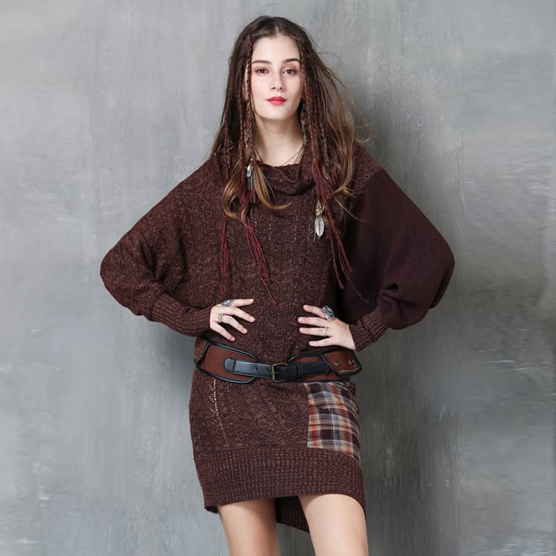 Autumn and winter plaid stitching fashion knitted dress