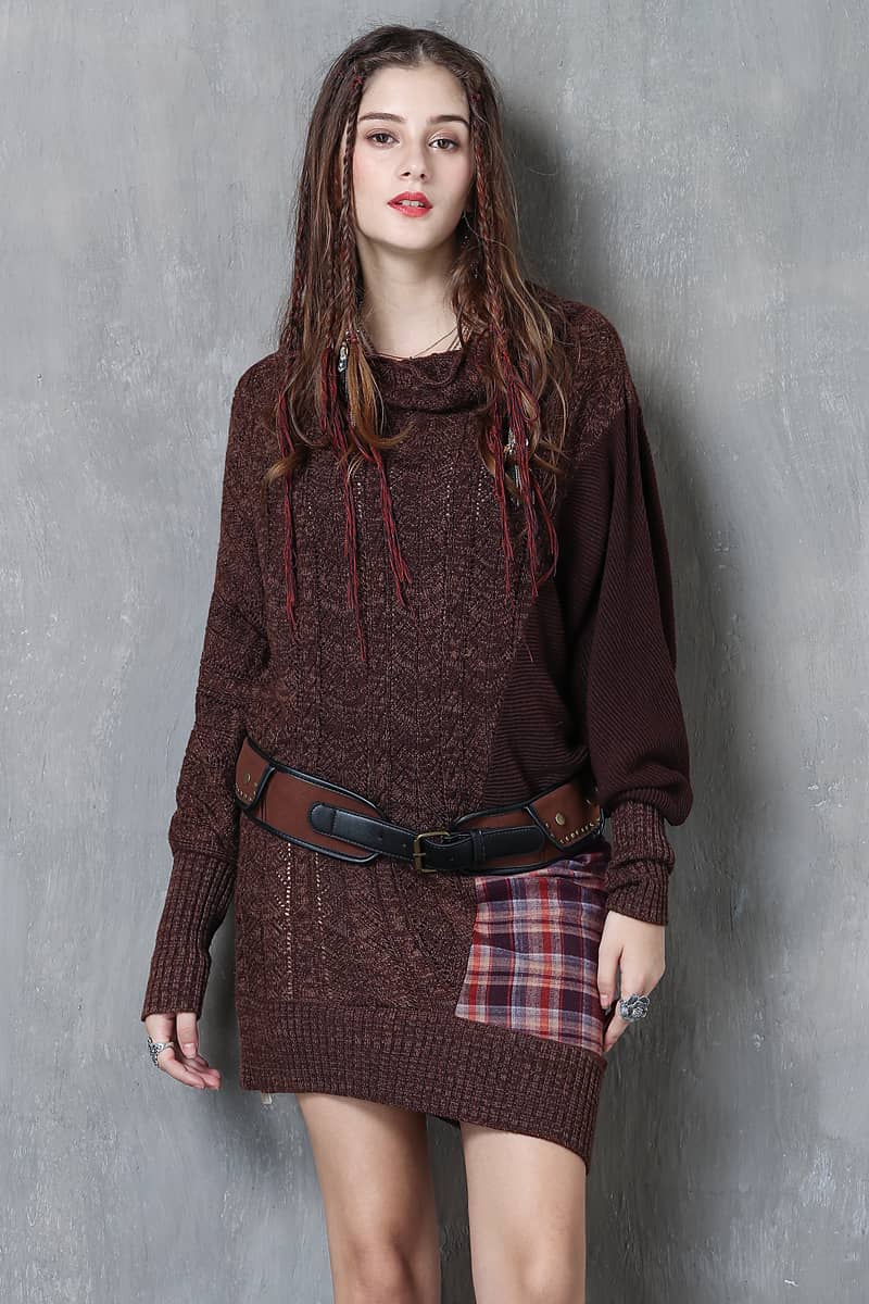 Autumn and winter plaid stitching fashion knitted dress