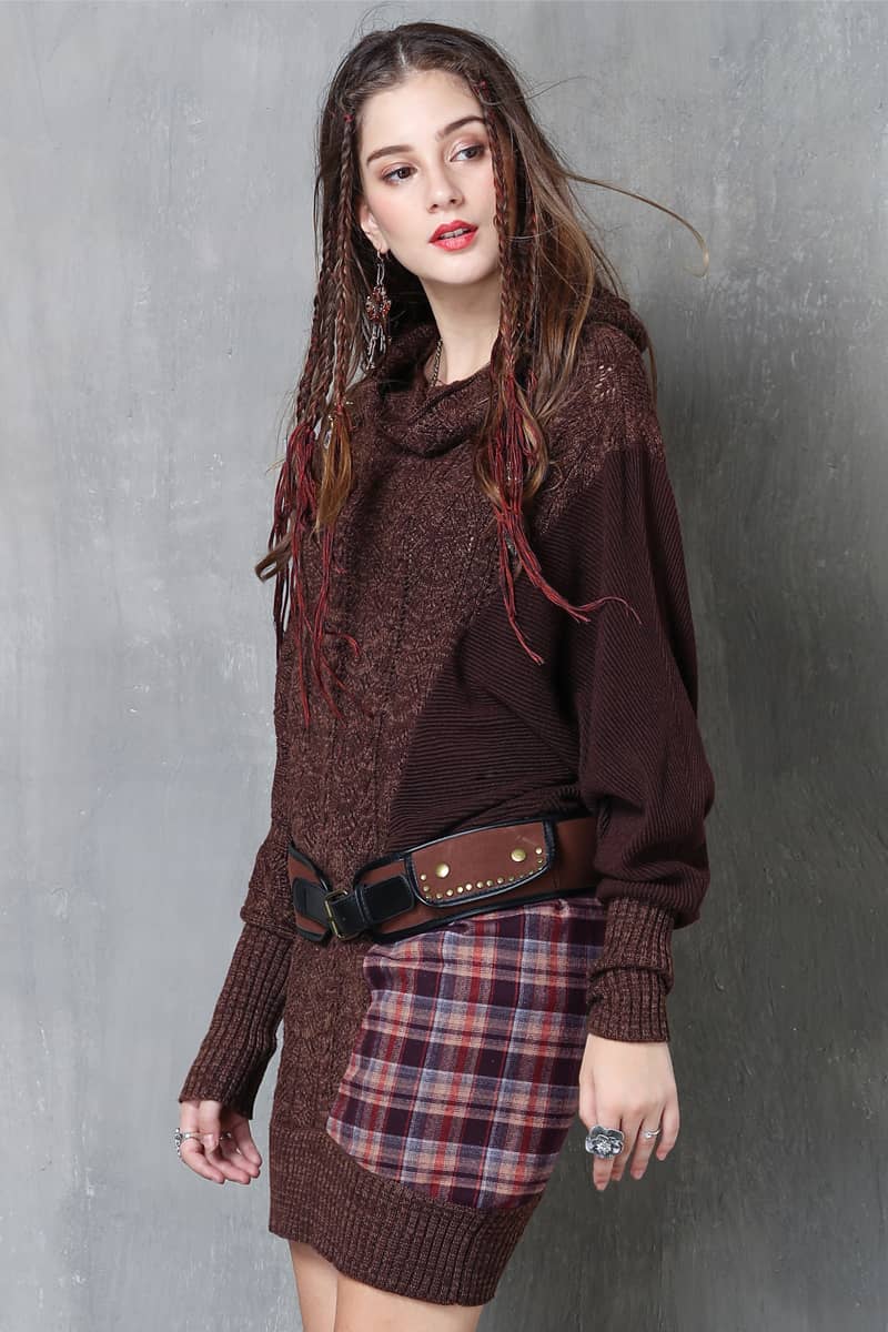 Autumn and winter plaid stitching fashion knitted dress