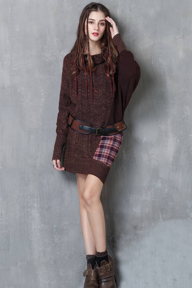 Autumn and winter plaid stitching fashion knitted dress