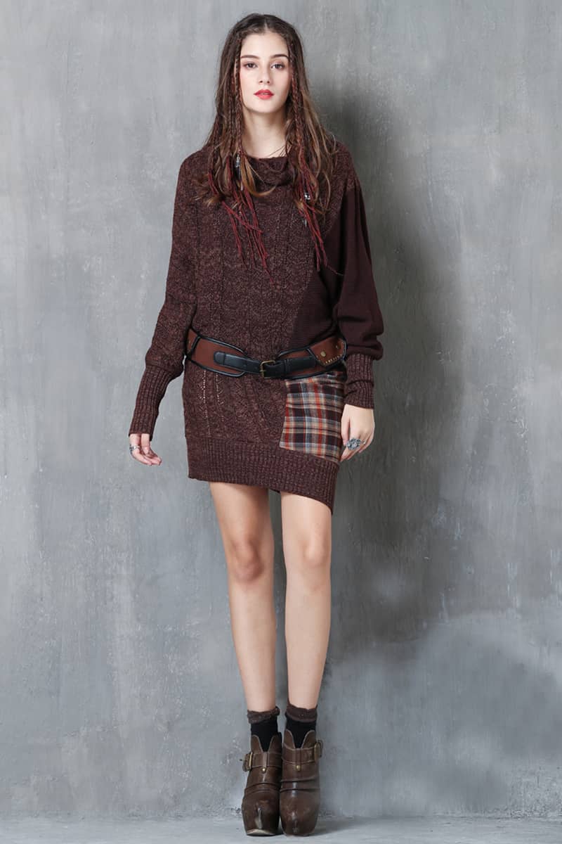 Autumn and winter plaid stitching fashion knitted dress