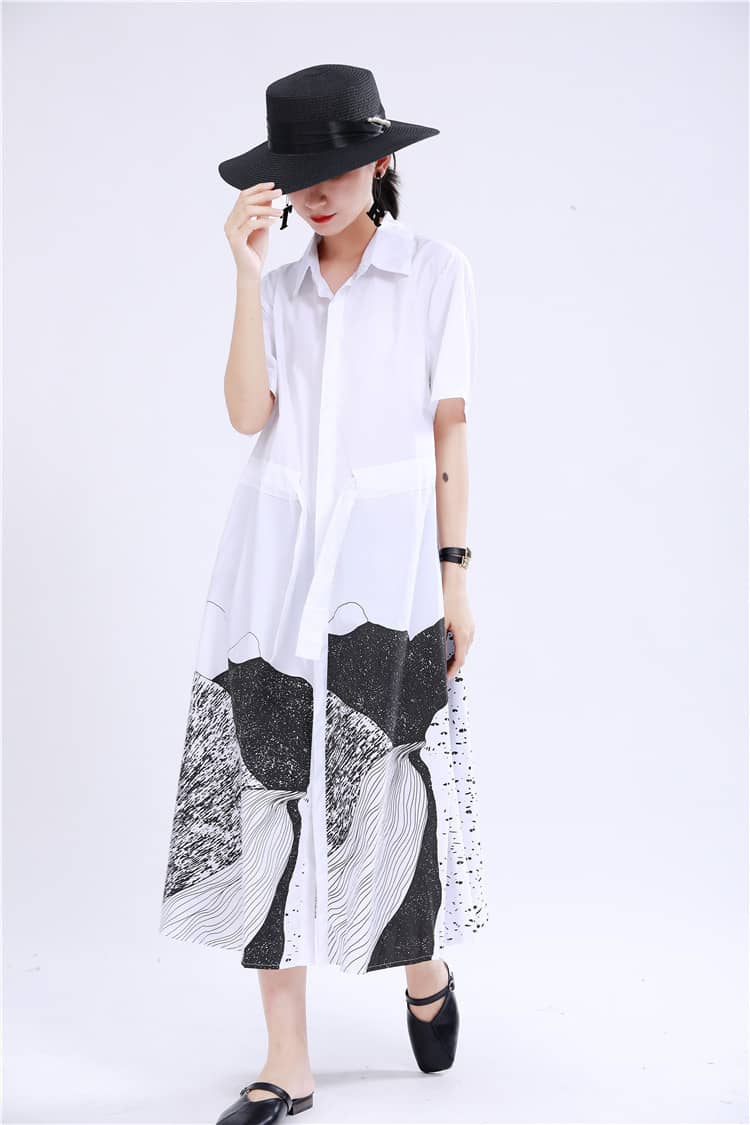 Abstract printed mid-length loose-fitting dress