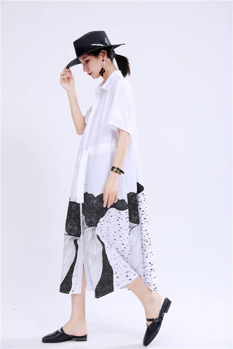 Abstract printed mid-length loose-fitting dress