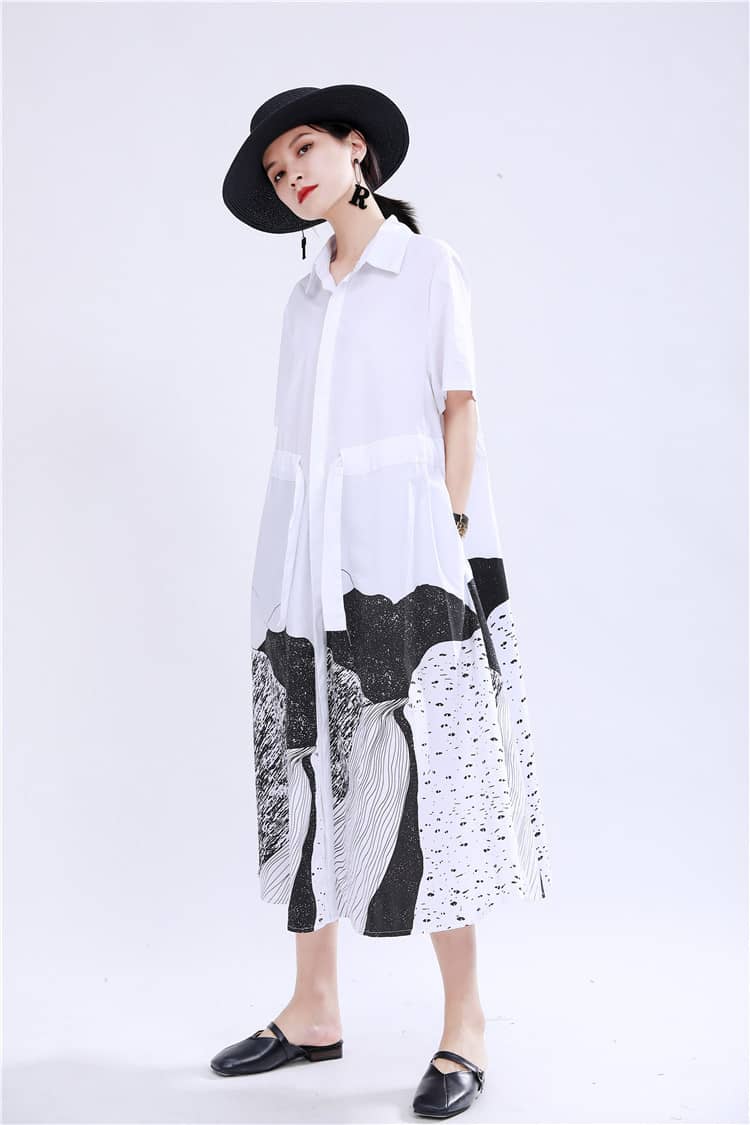 Abstract printed mid-length loose-fitting dress