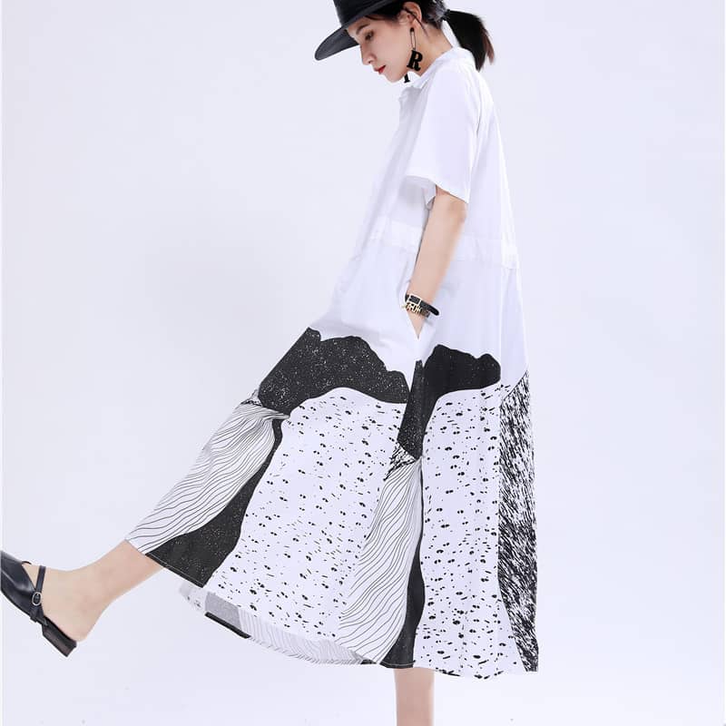 Abstract printed mid-length loose-fitting dress