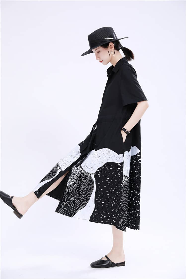 Abstract printed mid-length loose-fitting dress