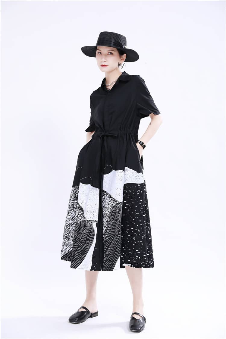 Abstract printed mid-length loose-fitting dress