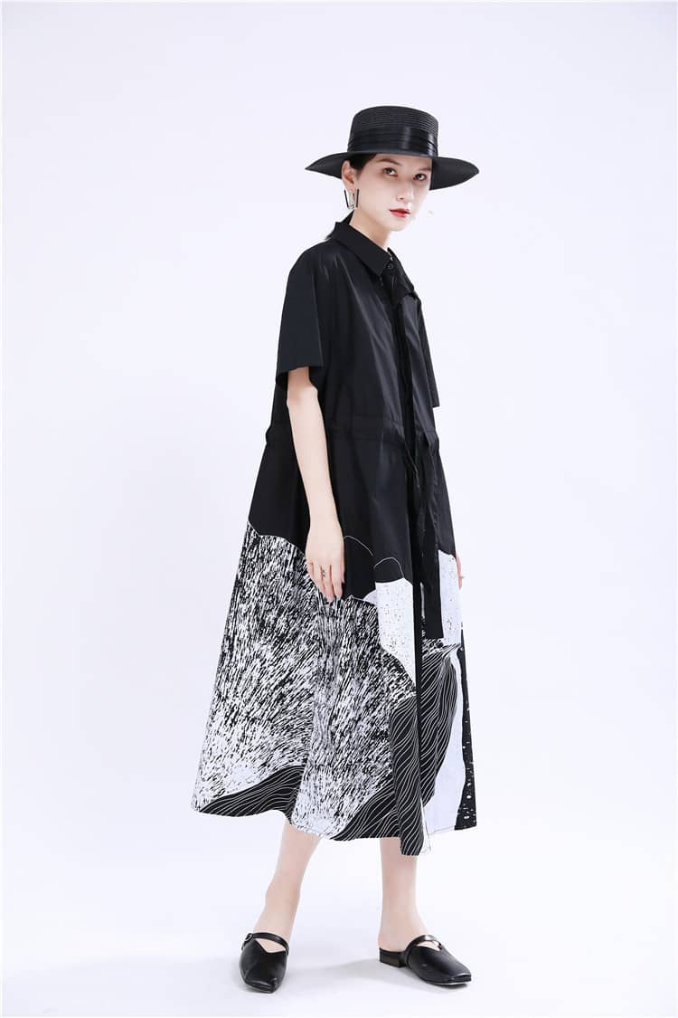 Abstract printed mid-length loose-fitting dress