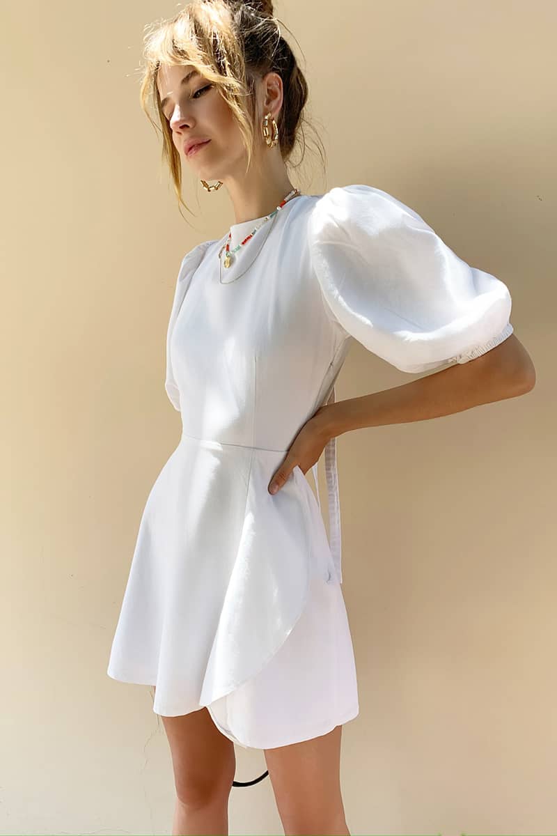 Balloon Sleeve Cotton Linen Ruffle Dress