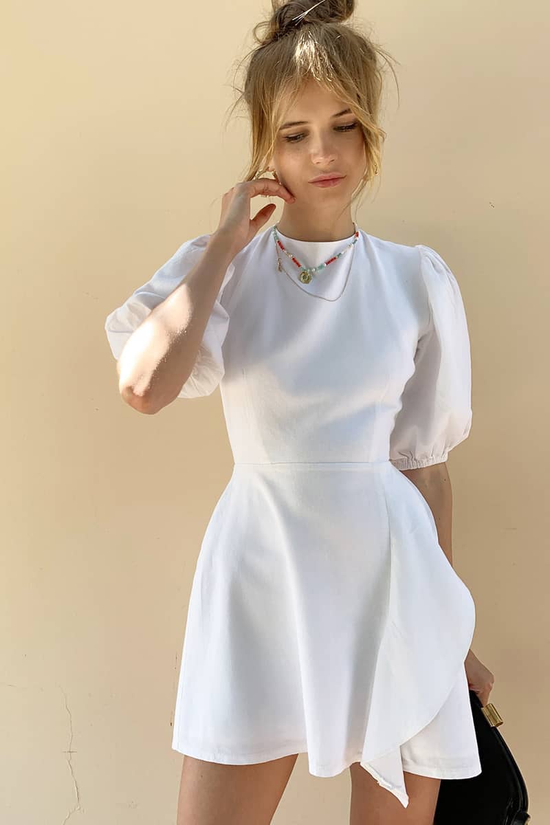 Balloon Sleeve Cotton Linen Ruffle Dress