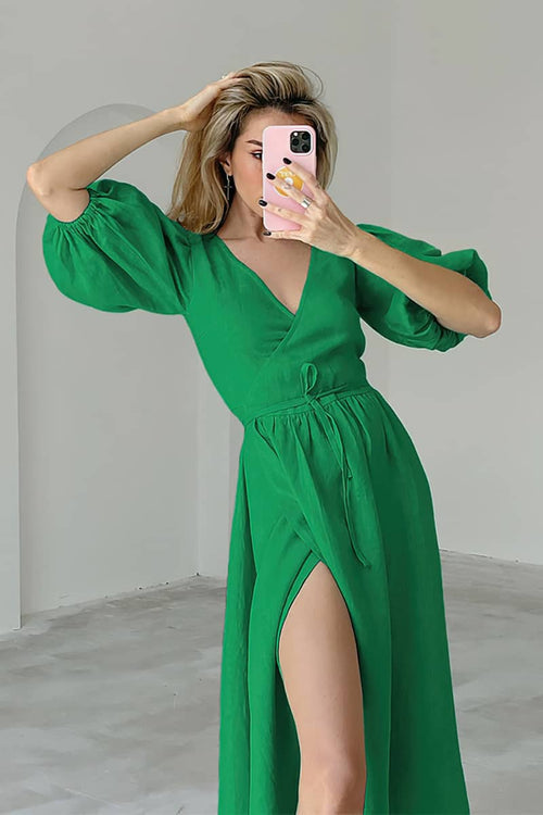 V-Neck Long Sleeve Floor-length Dress With Slit Rust main image 1