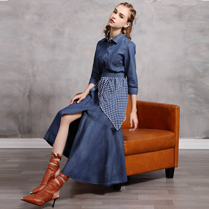 Irregular stitching polka dot belt spring denim dress M | YonPop