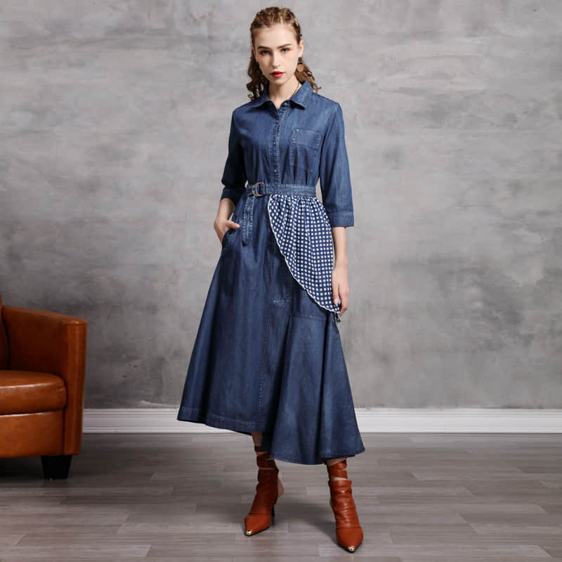 Irregular stitching polka dot belt spring denim dress L | YonPop