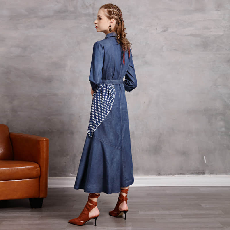 Irregular stitching polka dot belt spring denim dress XL | YonPop