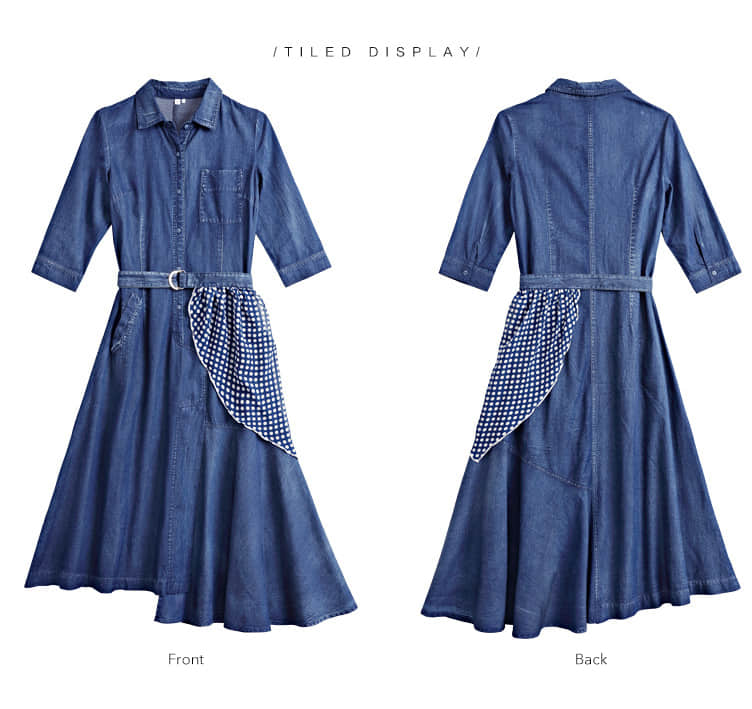 Irregular stitching polka dot belt spring denim dress  | YonPop