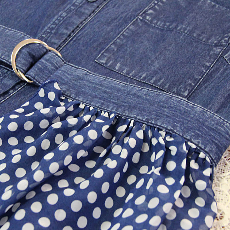 Irregular stitching polka dot belt spring denim dress  | YonPop