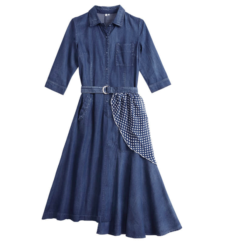 Irregular stitching polka dot belt spring denim dress  | YonPop