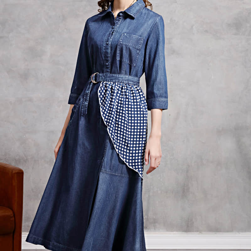 Irregular stitching polka dot belt spring denim dress S | YonPop