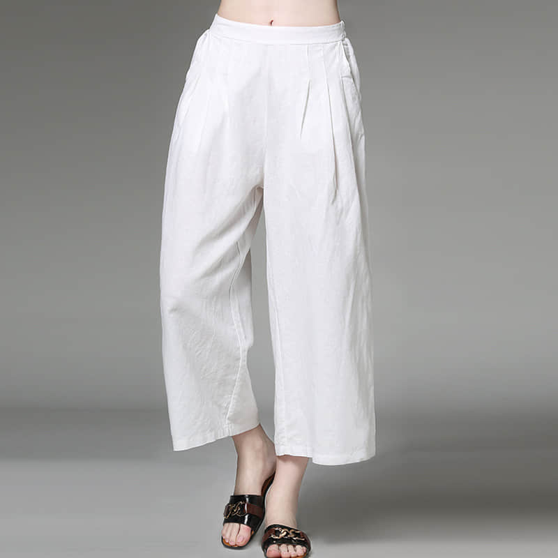Plus size women's all-match linen cotton wide-leg pants White / XL | YonPop