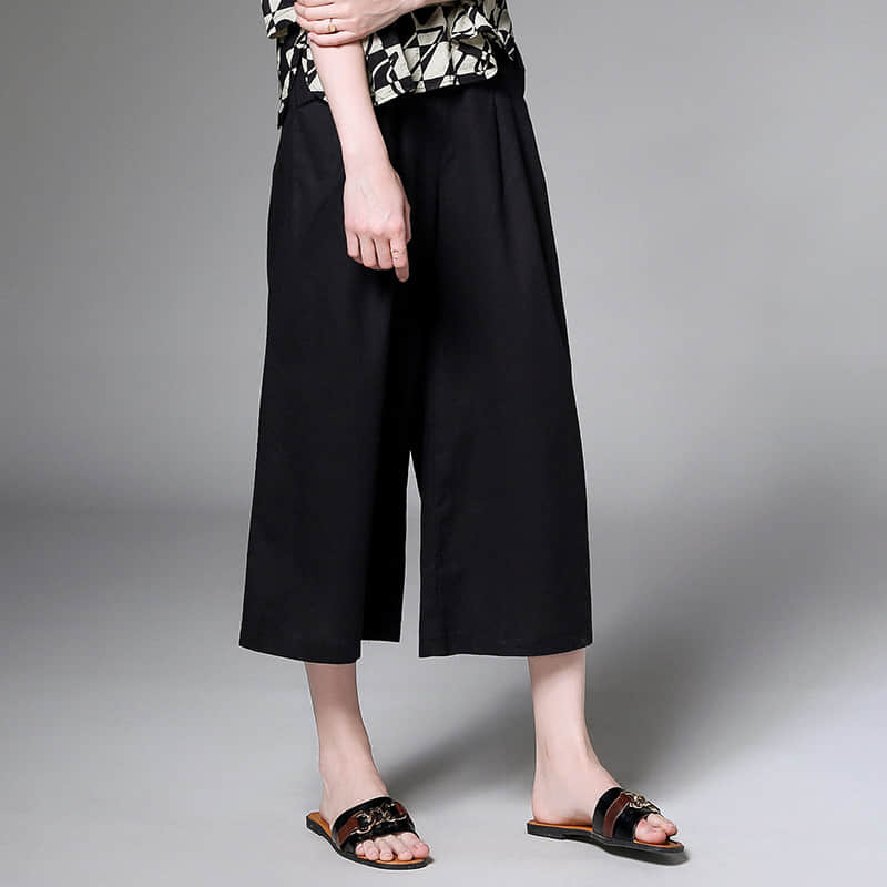 Plus size women's all-match linen cotton wide-leg pants Black / XL | YonPop