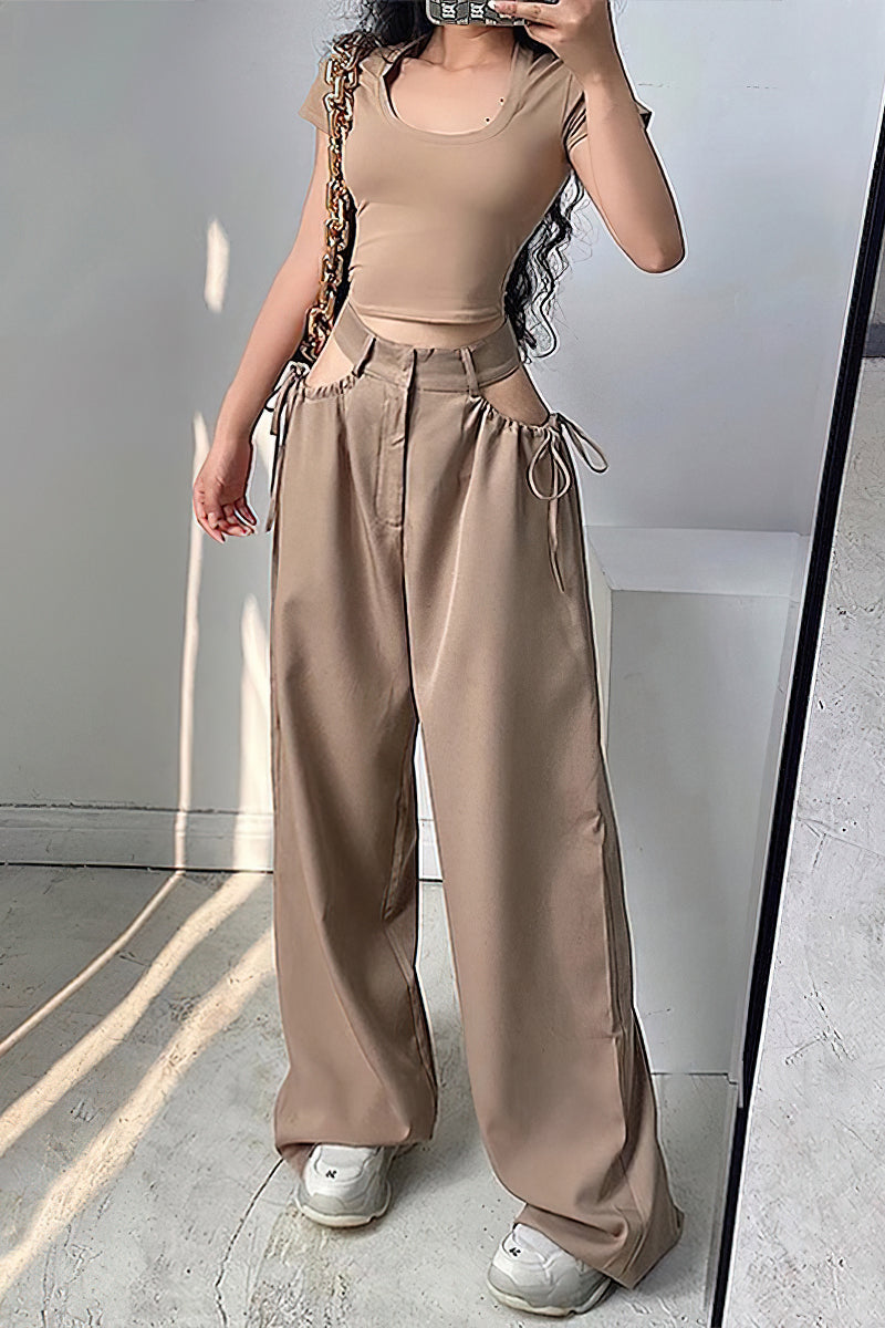 Women's straight leg loose casual pants Khaki / L | YonPop