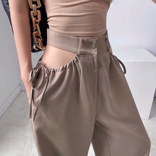 Women's straight leg loose casual pants Khaki / S | YonPop