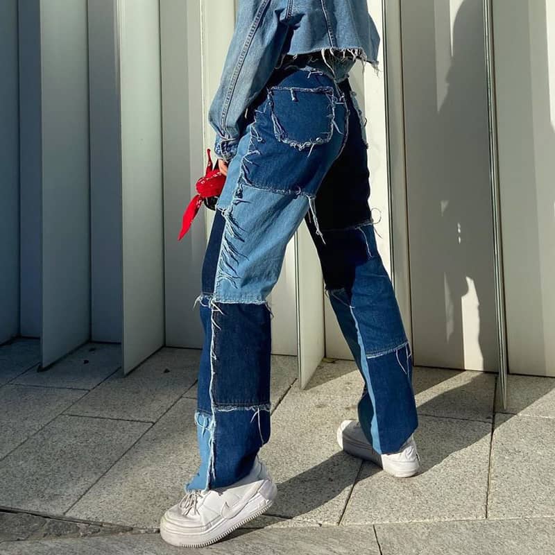 Stitched plaid contrast high-rise jeans Blue / 2XL | YonPop