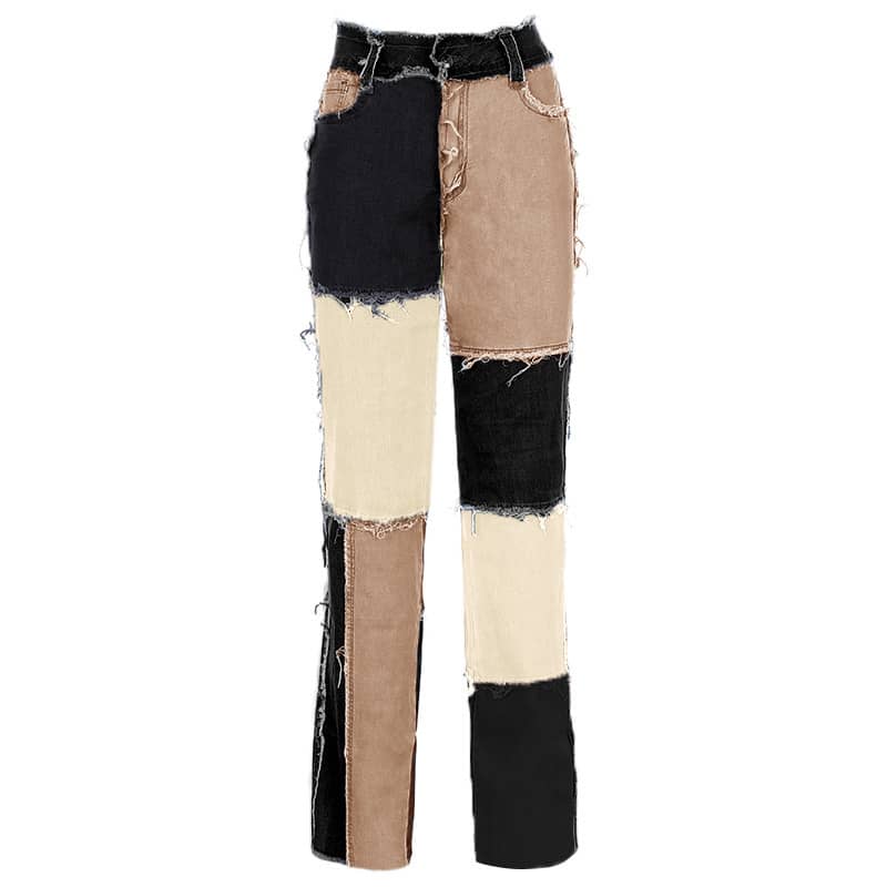 Stitched plaid contrast high-rise jeans Black / 2XL | YonPop