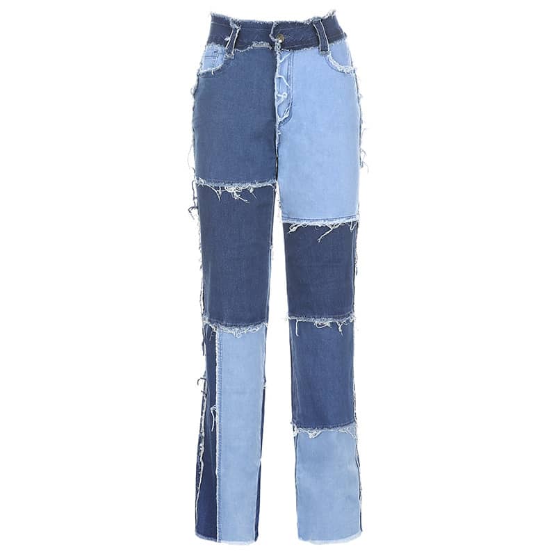 Stitched plaid contrast high-rise jeans Blue / S | YonPop