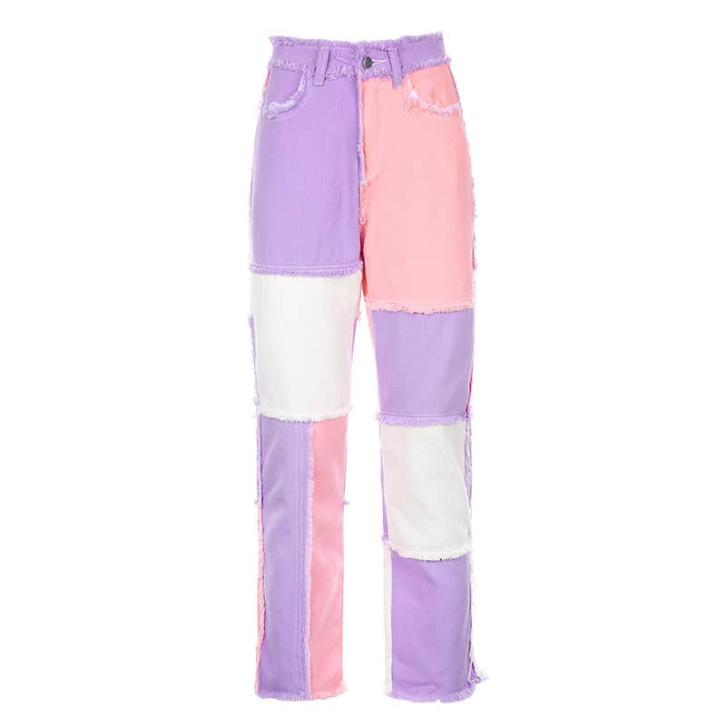 Stitched plaid contrast high-rise jeans Pink / M | YonPop