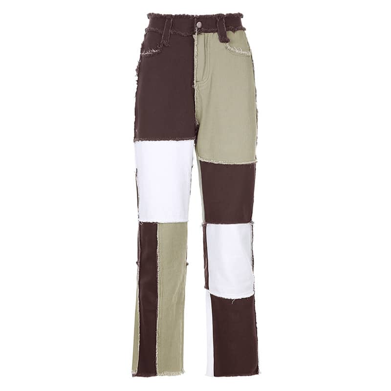 Stitched plaid contrast high-rise jeans Brown / L | YonPop