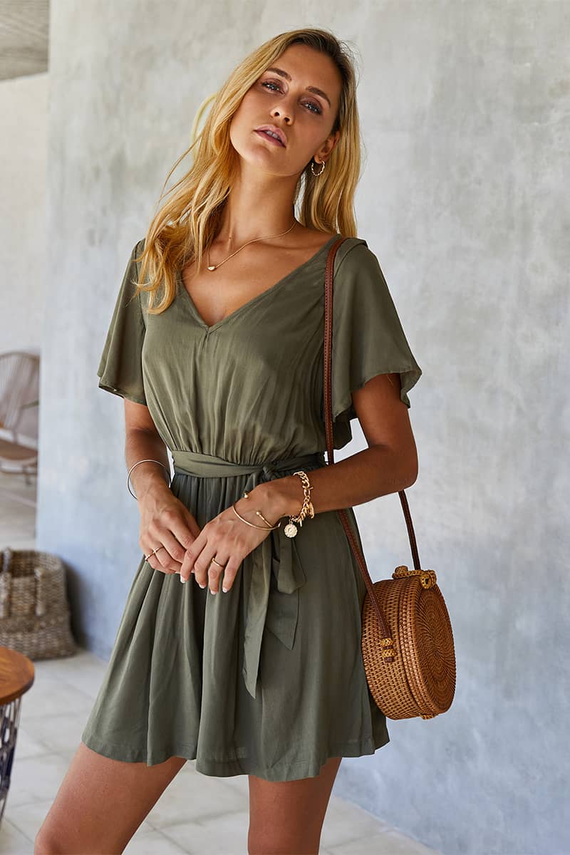 Summer elastic waist solid color jumpsuit Green / M | YonPop