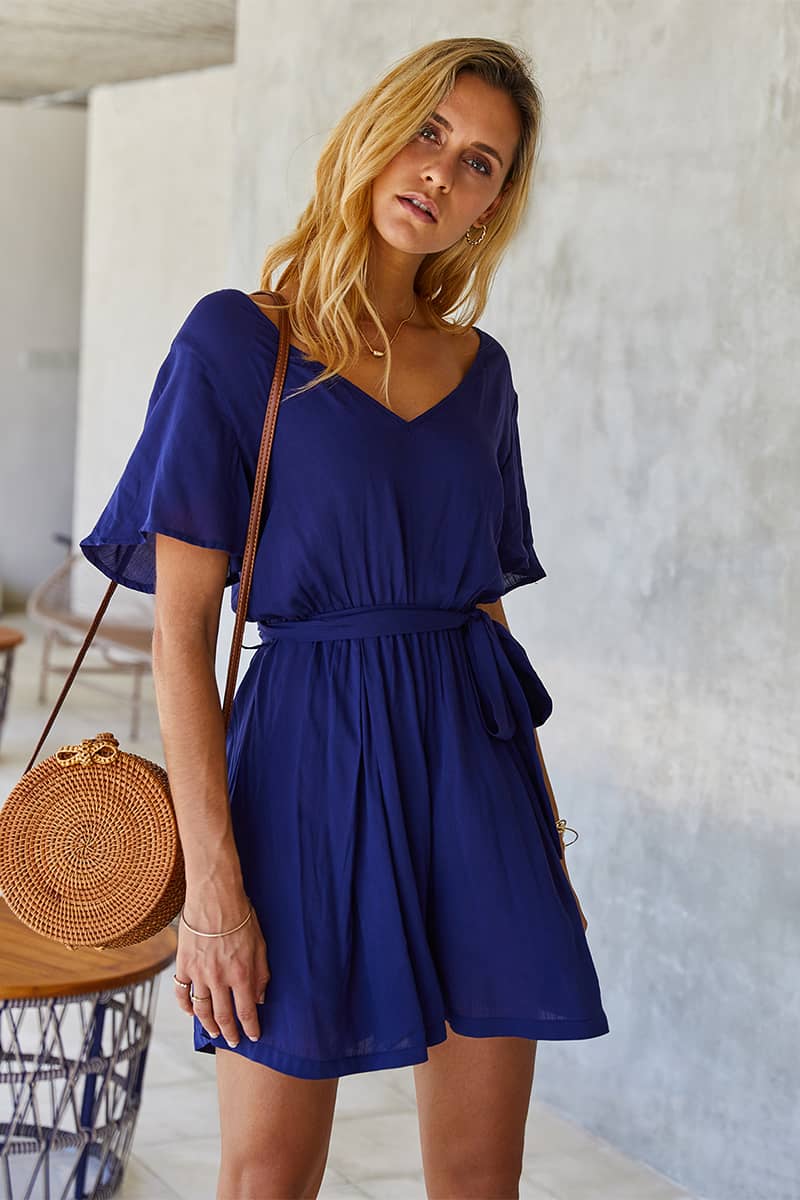 Summer elastic waist solid color jumpsuit DarkBlue / L | YonPop