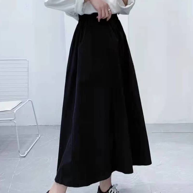 Spring mid-length cotton skirt Black / One Size | YonPop