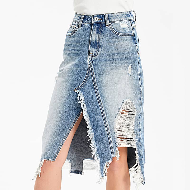 Irregular fringe ripped denim skirt S | YonPop