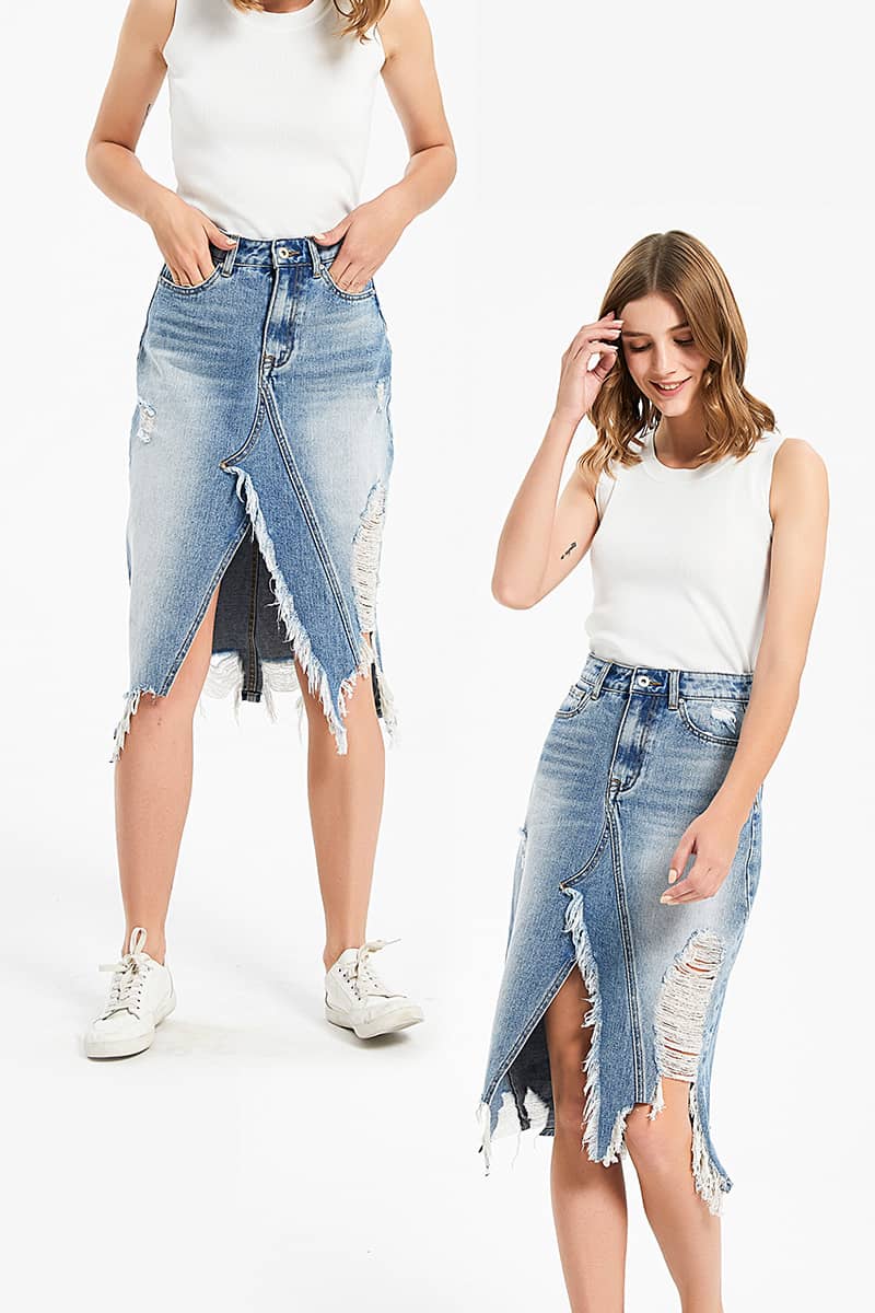 Irregular fringe ripped denim skirt M | YonPop