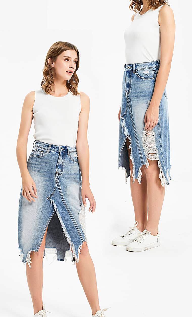 Irregular fringe ripped denim skirt L | YonPop