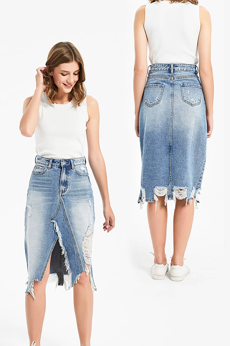 Irregular fringe ripped denim skirt  | YonPop