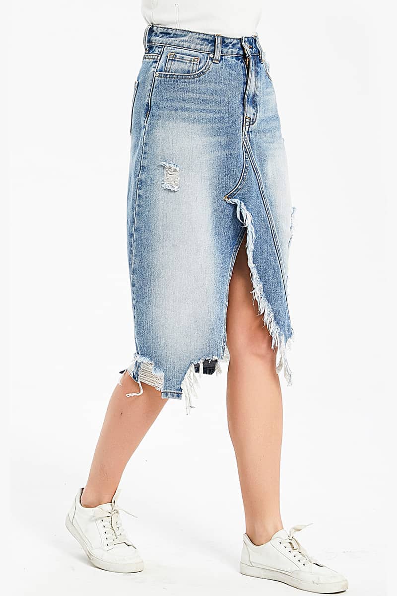 Irregular fringe ripped denim skirt XL | YonPop