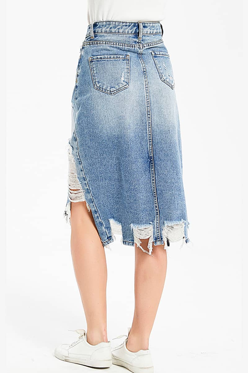 Irregular fringe ripped denim skirt  | YonPop