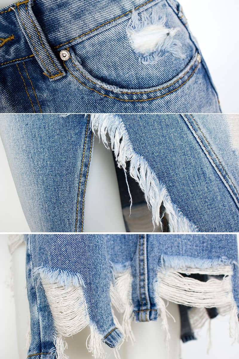 Irregular fringe ripped denim skirt  | YonPop