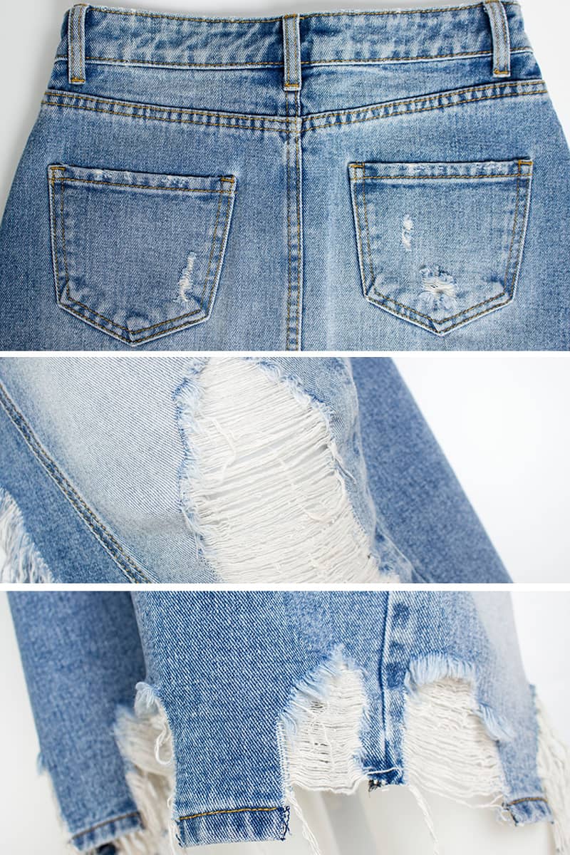 Irregular fringe ripped denim skirt  | YonPop