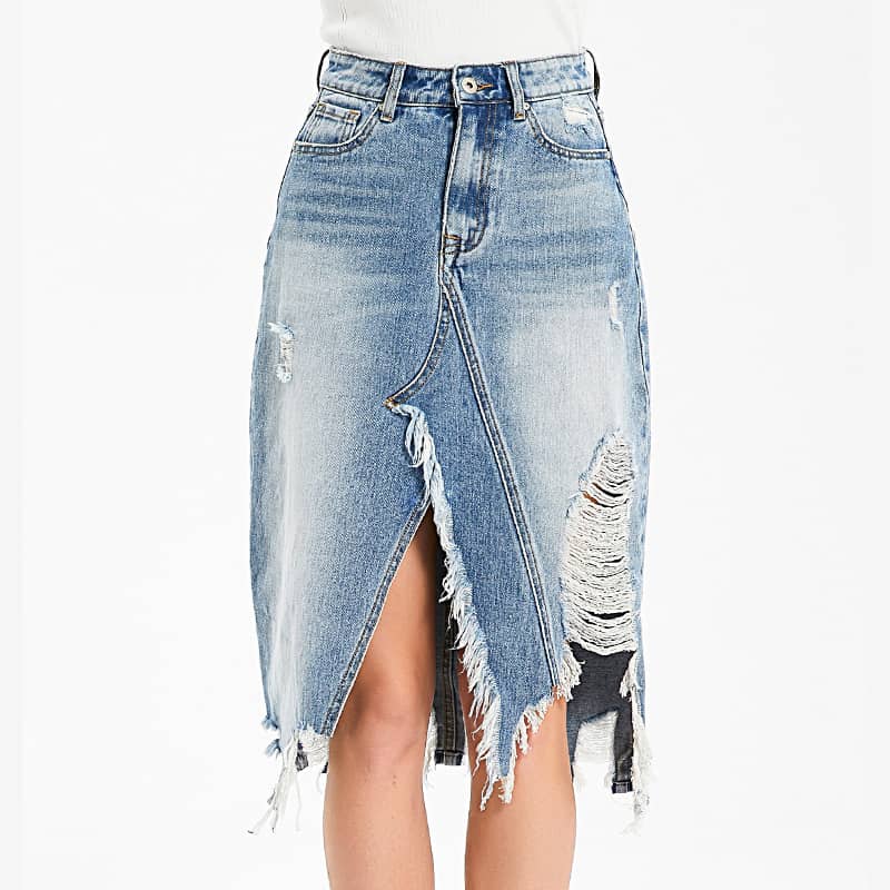 Irregular fringe ripped denim skirt XS | YonPop