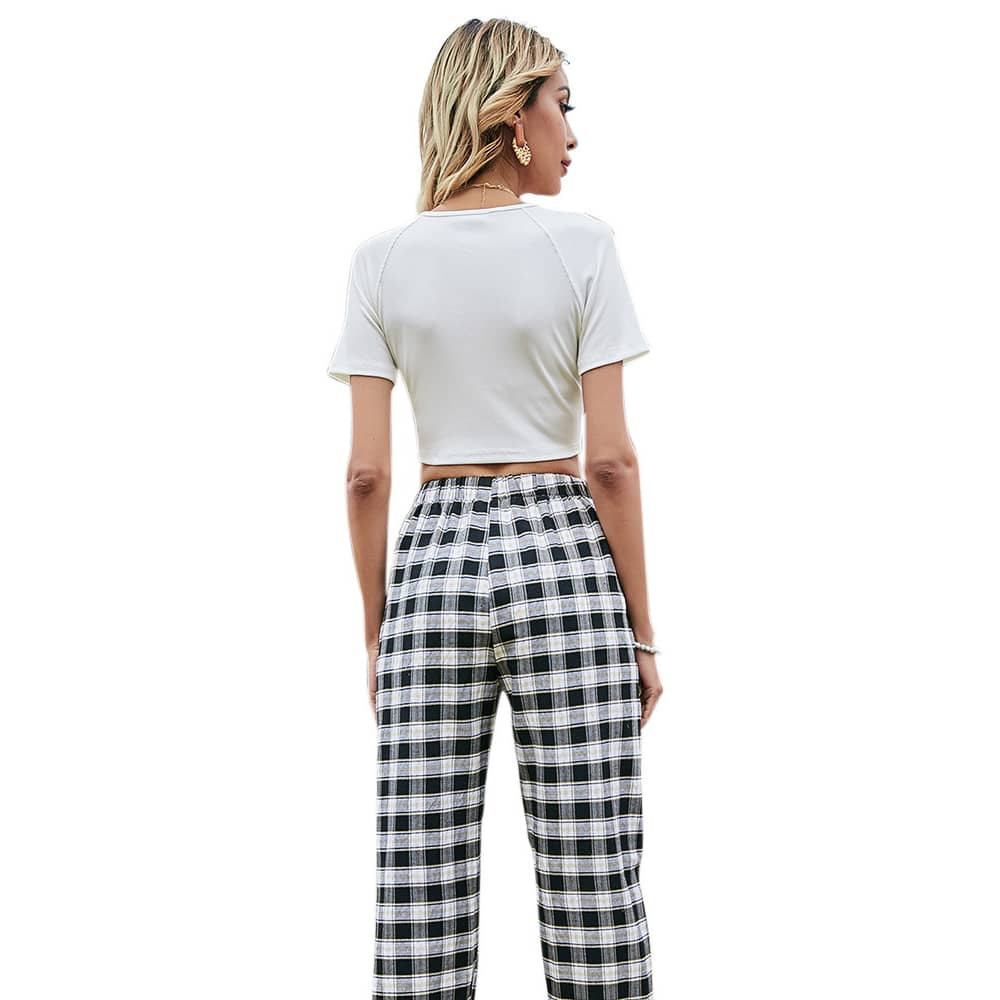 Belly strappy top high waist black and white casual pants suit  | YonPop