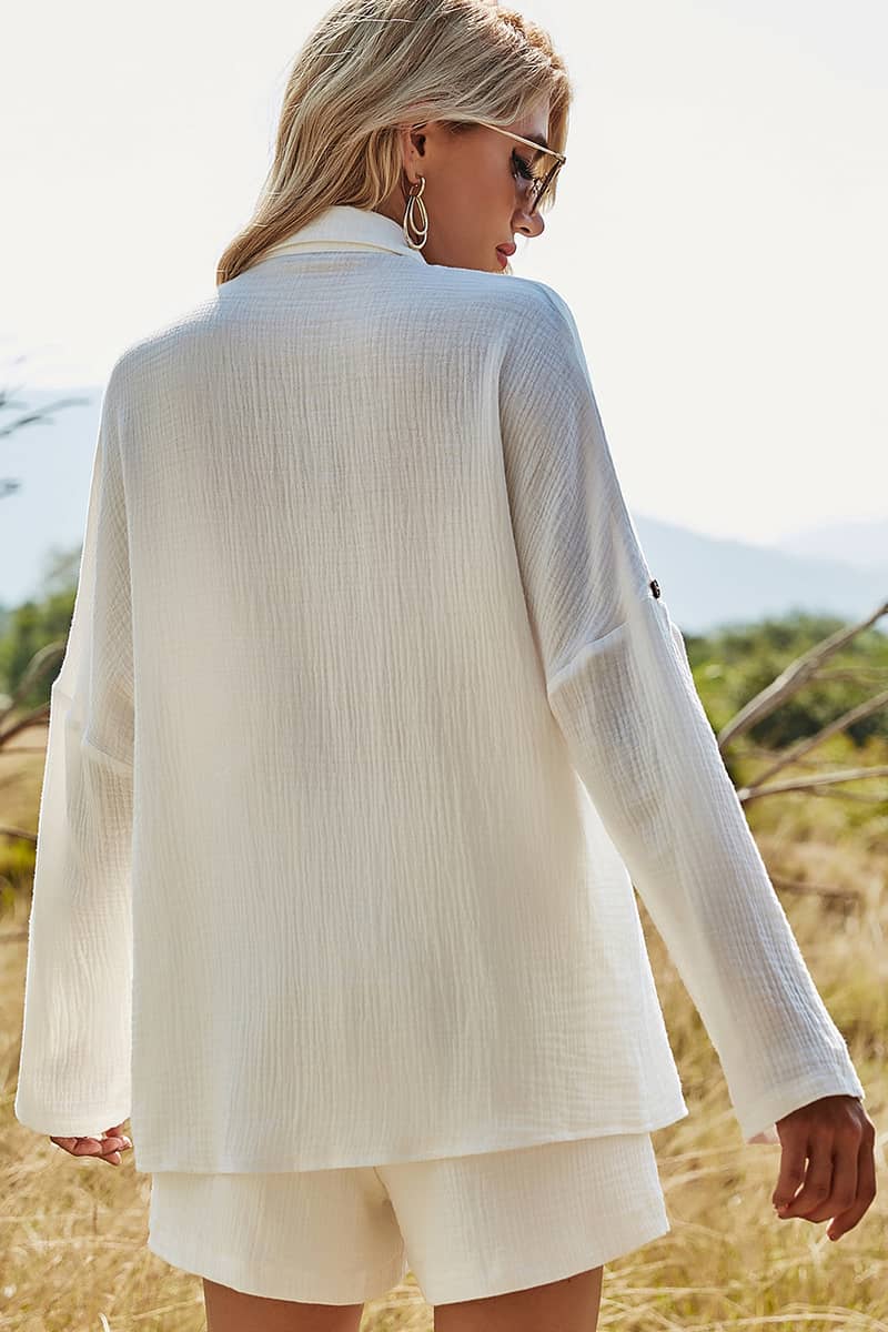 Long Sleeve White Shirt Top Cotton Linen Shorts Casual Suit  | YonPop