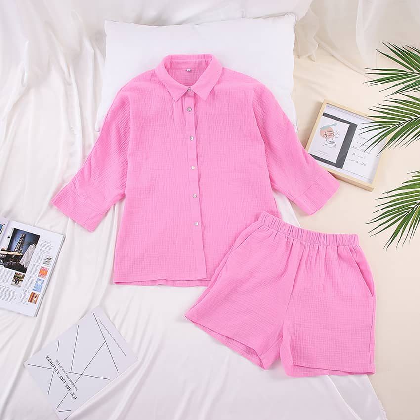 Women's cardigan shorts cotton two-piece suit Pink / L | YonPop