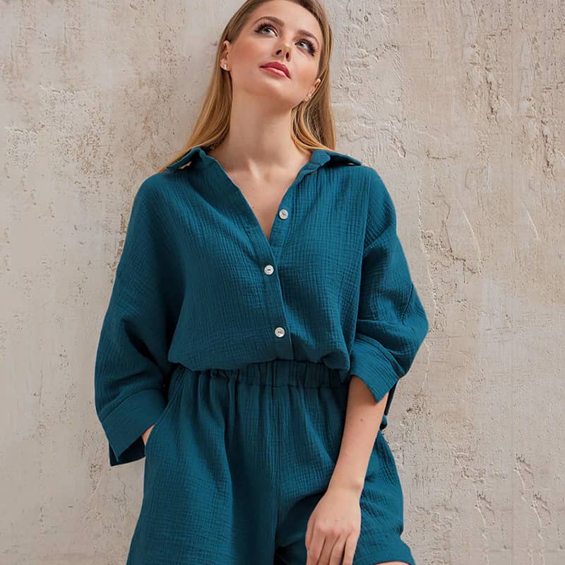 Women's cardigan shorts cotton two-piece suit Green / L | YonPop