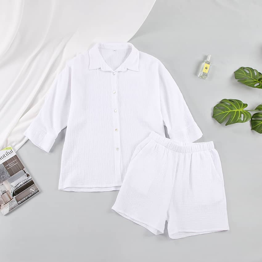 Women's cardigan shorts cotton two-piece suit White / L | YonPop