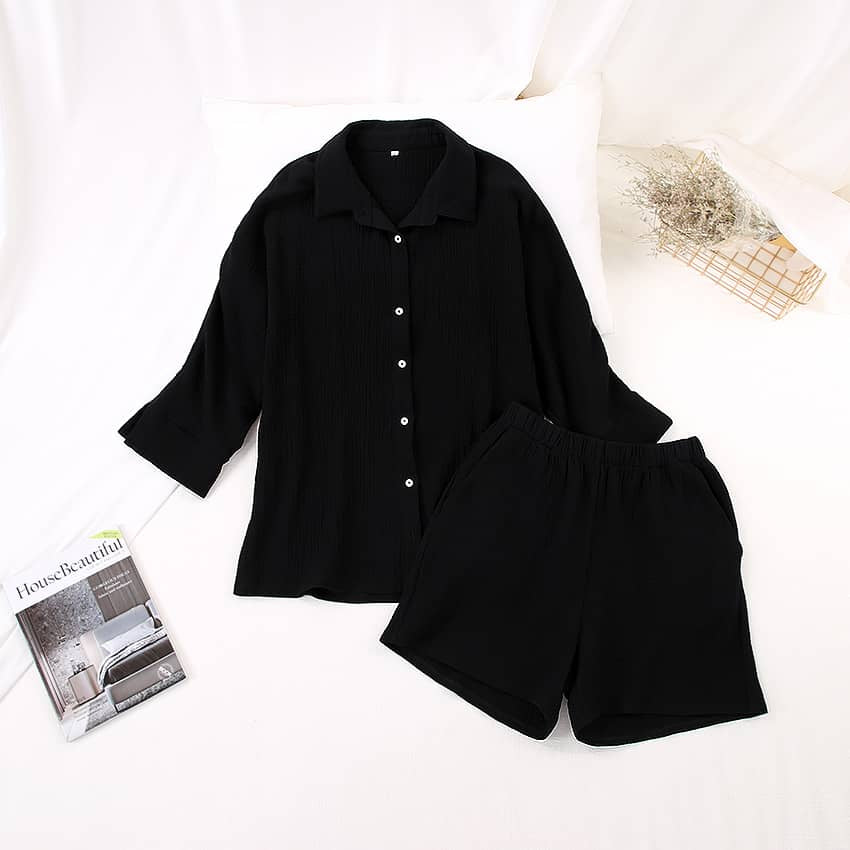 Women's cardigan shorts cotton two-piece suit Black / L | YonPop