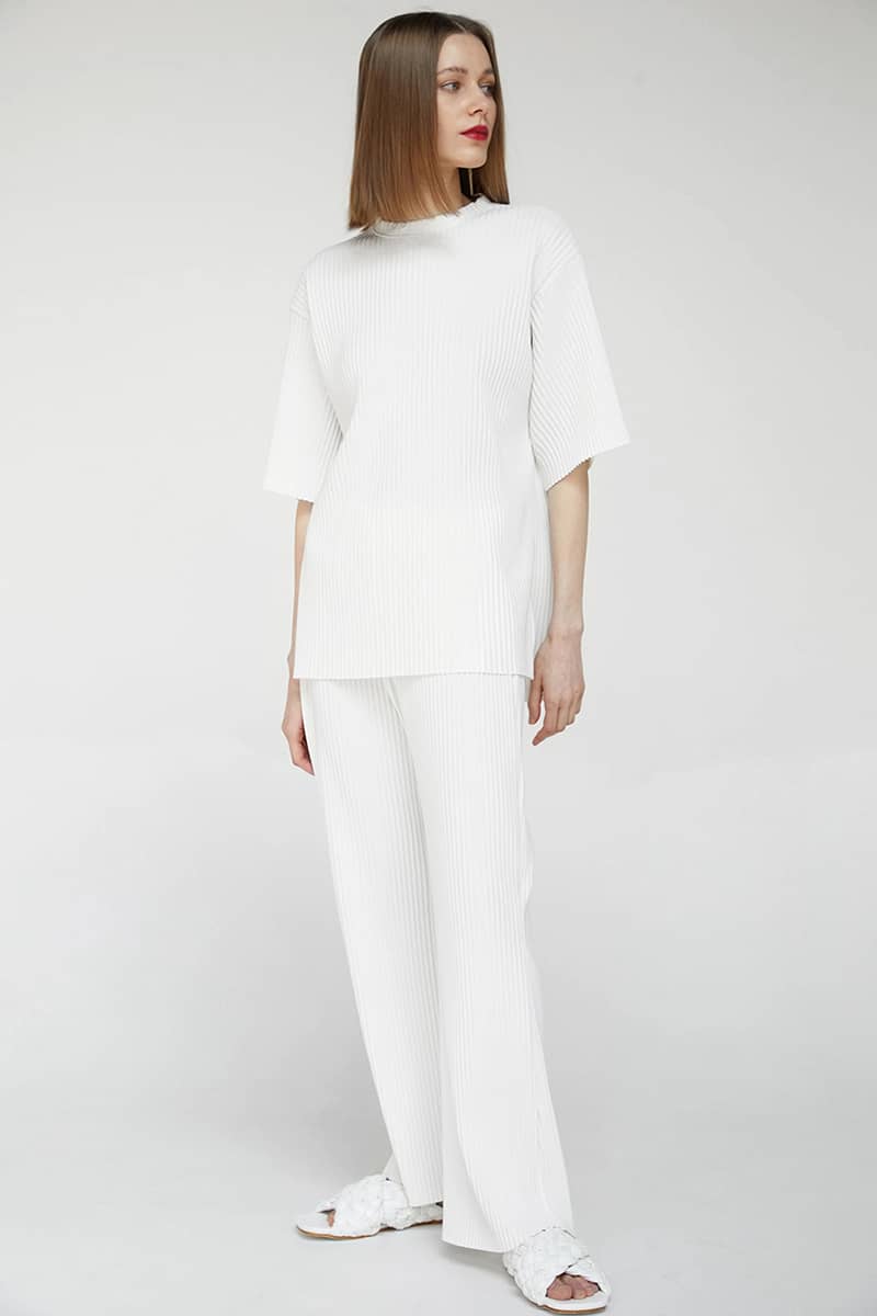 Women's T-shirt + wide-leg trousers casual suit White / M | YonPop
